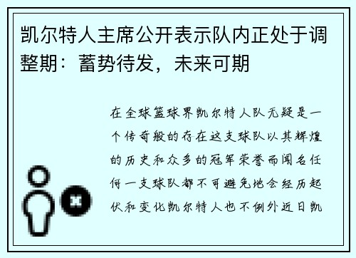凯尔特人主席公开表示队内正处于调整期：蓄势待发，未来可期